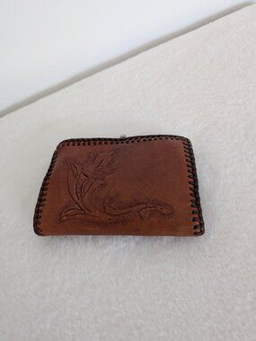 Vintage Hand Tooled Leather Floral Wallet Western Boho Whipstitch